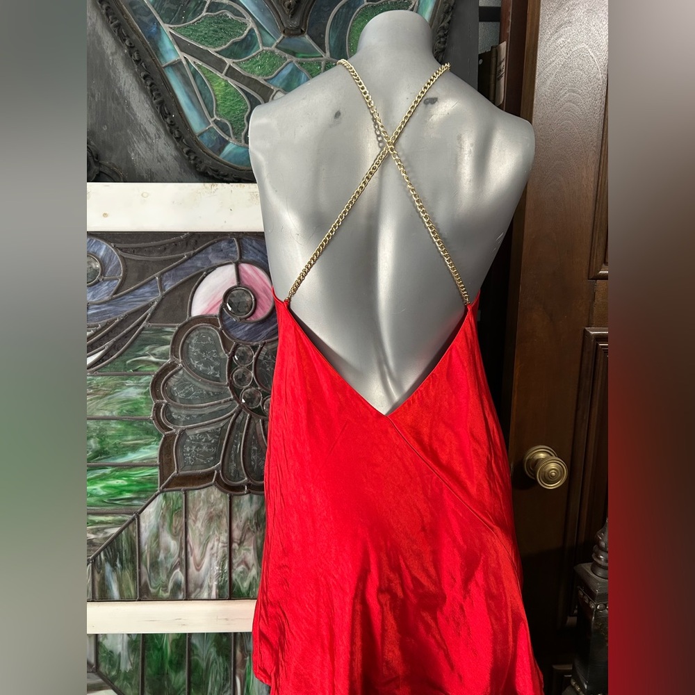 Lulu's Vibrant Red Backless Dress with Gold Chain Straps